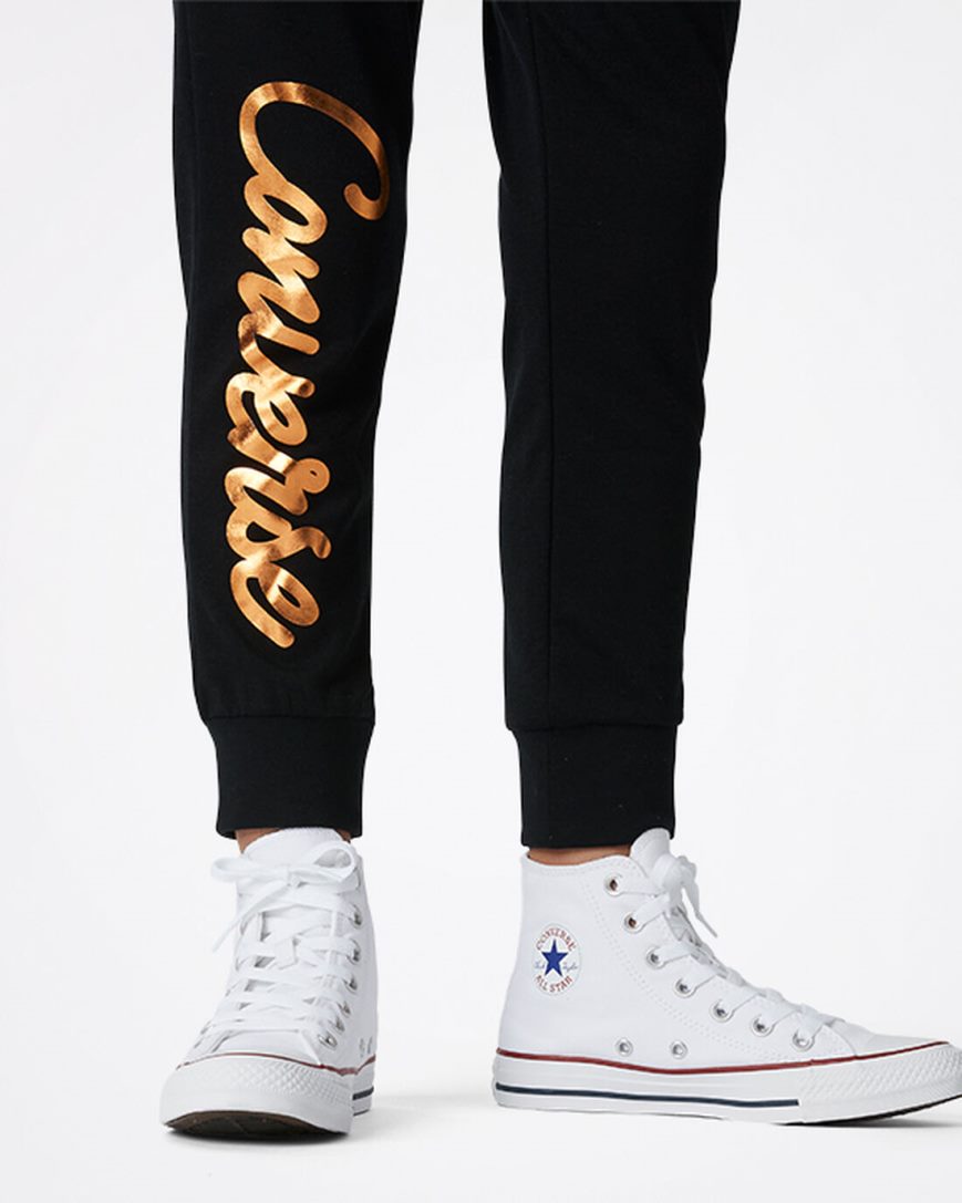 Pantaloni Jogger Fete Converse Shiny Wordmark Negrii | RO G13PFZ062